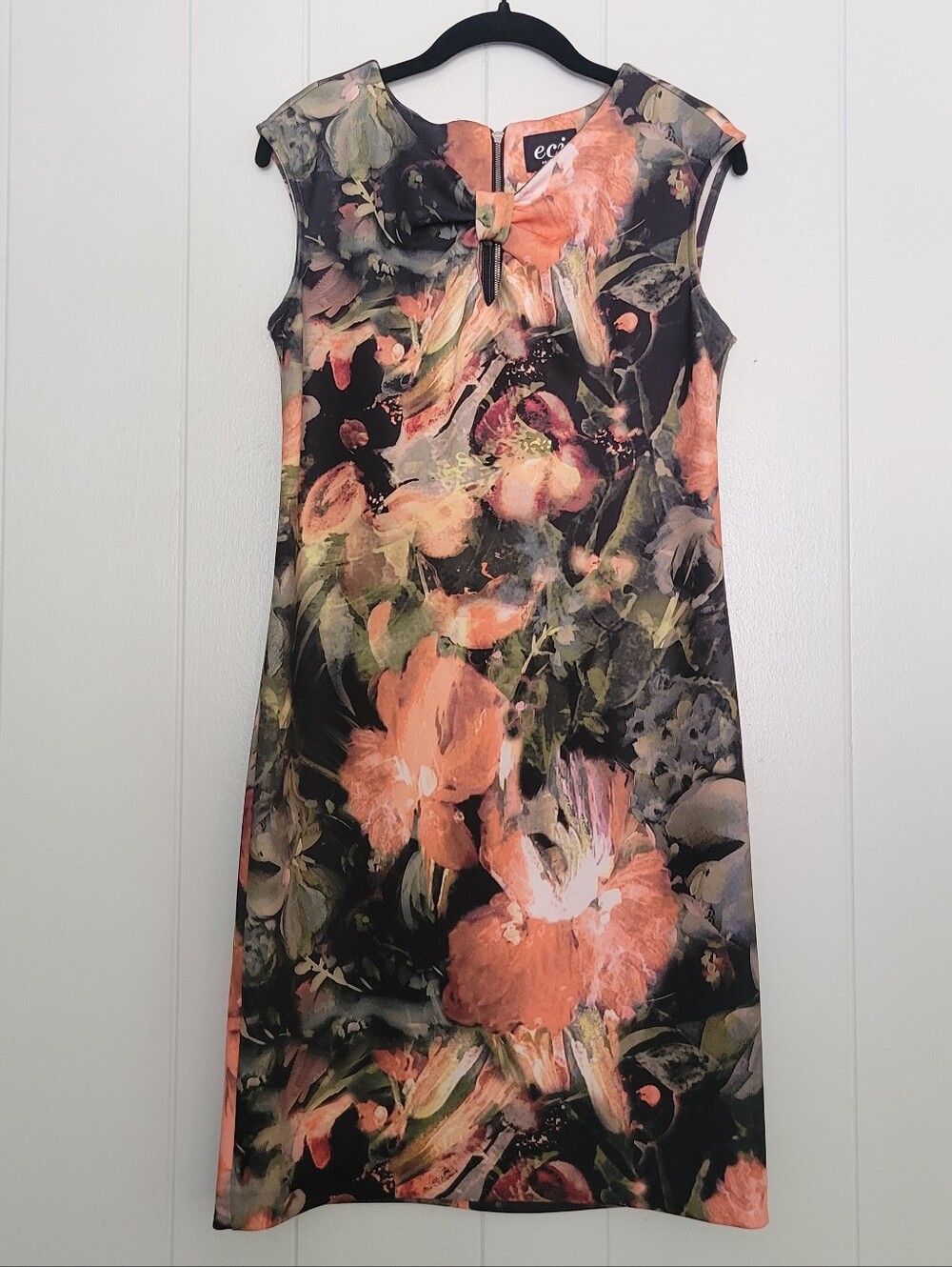 NWT ECI Sheath Dress Coral Floral & Leaf Print Sleeveless Keyhole Neckline 4